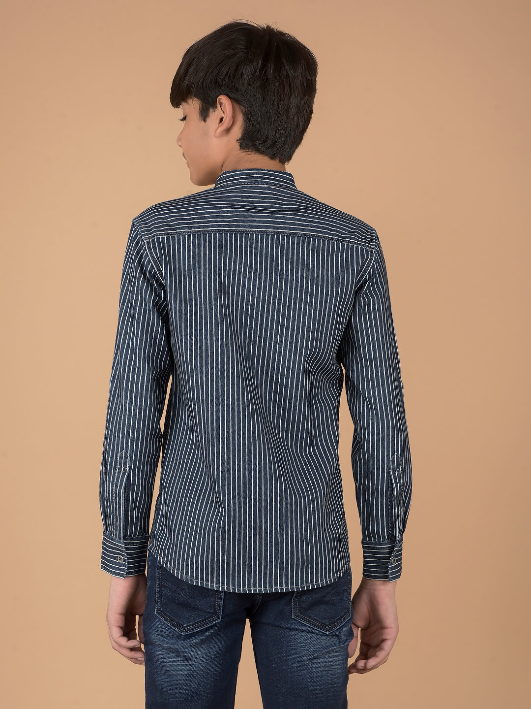 Navy Blue Vertical Stripes Denim Shirt-Boys Shirts-Crimsoune Club
