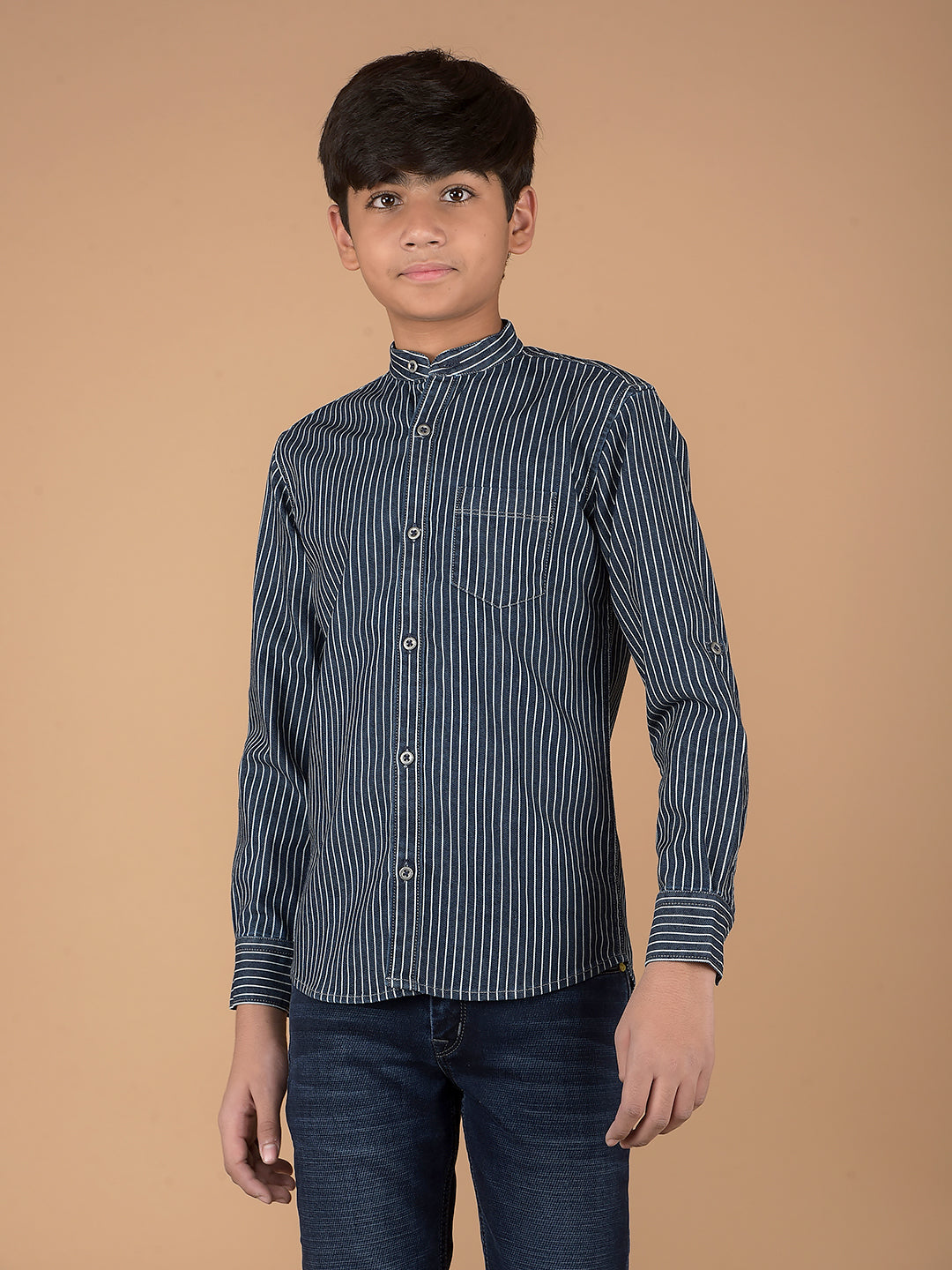 Navy Blue Vertical Stripes Denim Shirt-Boys Shirts-Crimsoune Club