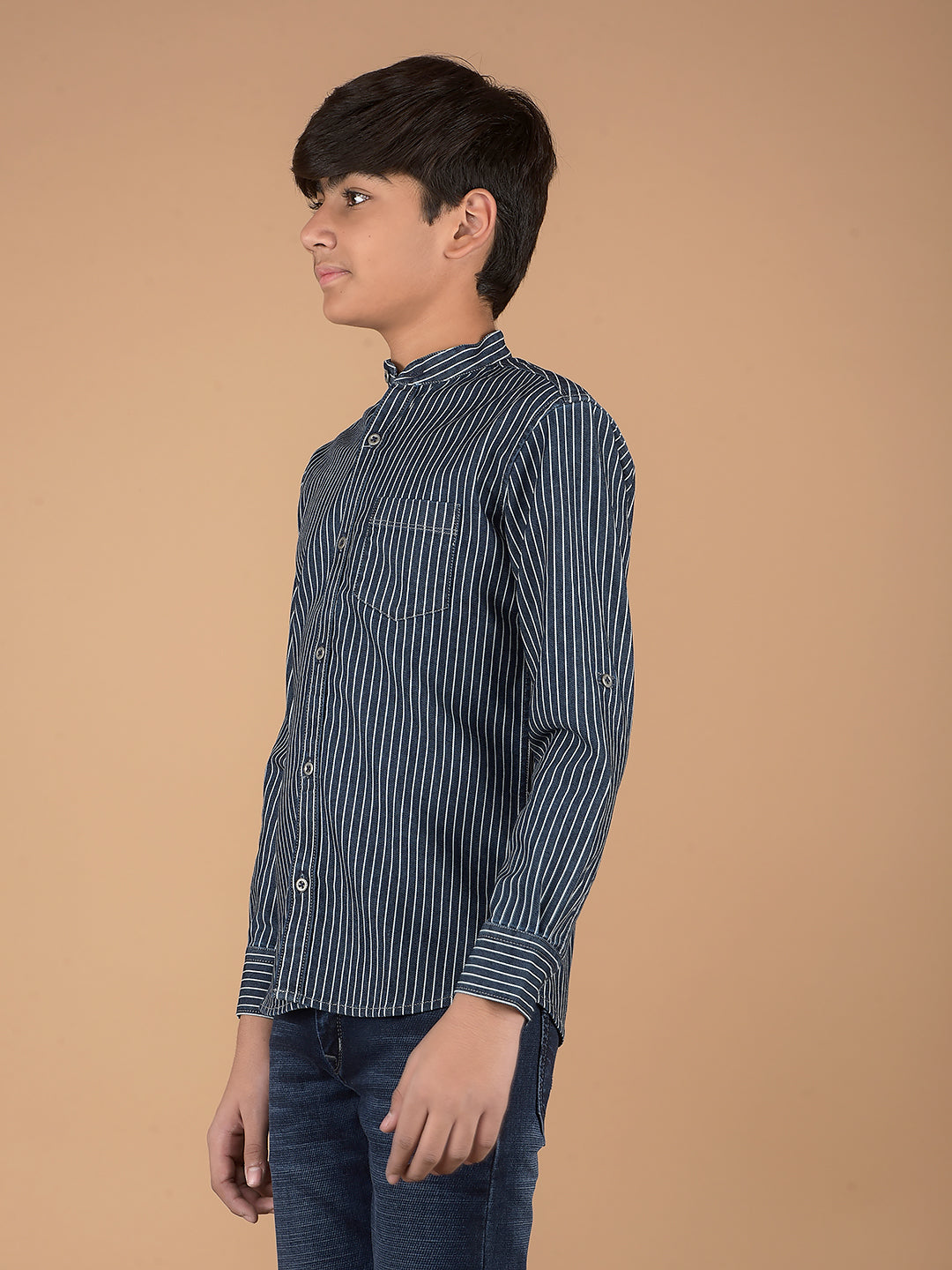 Navy Blue Vertical Stripes Denim Shirt-Boys Shirts-Crimsoune Club