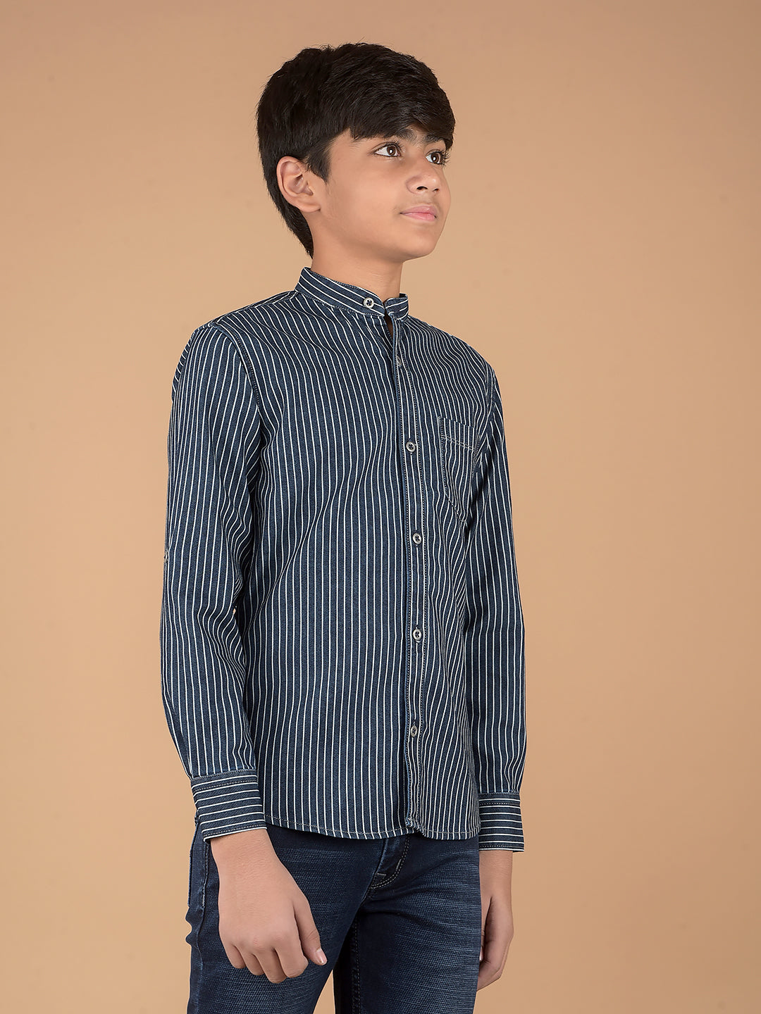 Navy Blue Vertical Stripes Denim Shirt-Boys Shirts-Crimsoune Club