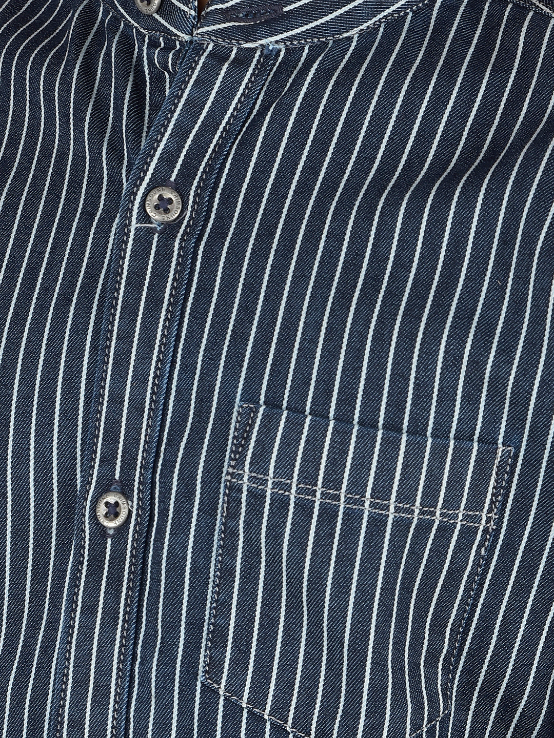 Navy Blue Vertical Stripes Denim Shirt-Boys Shirts-Crimsoune Club