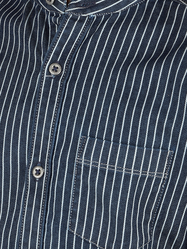 Navy Blue Vertical Stripes Denim Shirt-Boys Shirts-Crimsoune Club