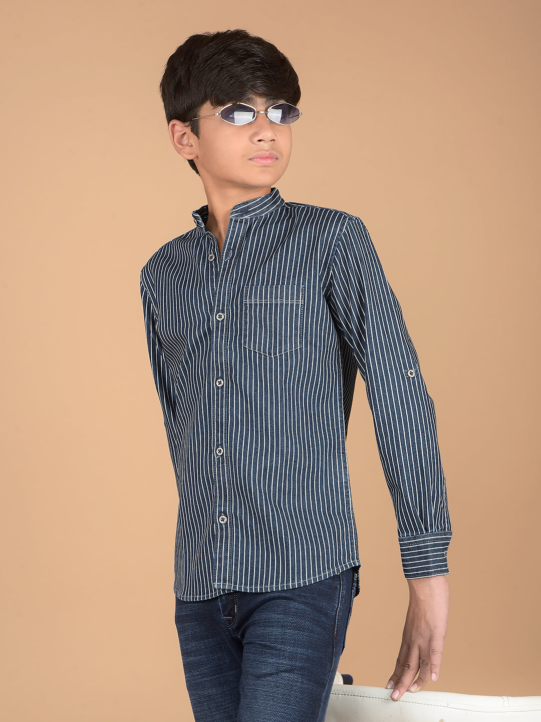 Navy Blue Vertical Stripes Denim Shirt-Boys Shirts-Crimsoune Club