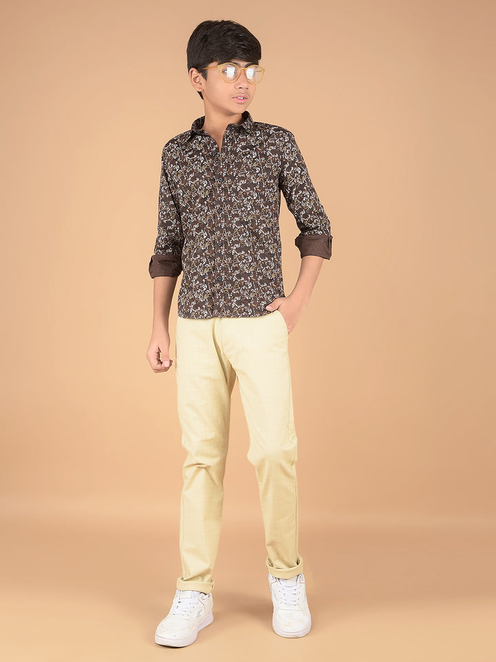 Brown Floral Print 100% Cotton Shirt-Boys Shirts-Crimsoune Club