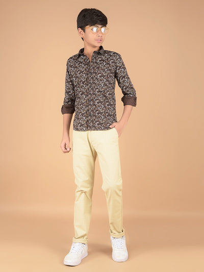 Brown Floral Print 100% Cotton Shirt-Boys Shirts-Crimsoune Club