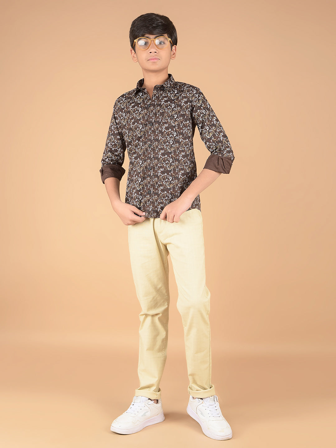 Brown Floral Print 100% Cotton Shirt-Boys Shirts-Crimsoune Club