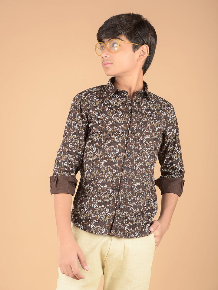 Brown Floral Print 100% Cotton Shirt-Boys Shirts-Crimsoune Club