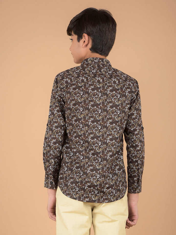 Brown Floral Print 100% Cotton Shirt-Boys Shirts-Crimsoune Club