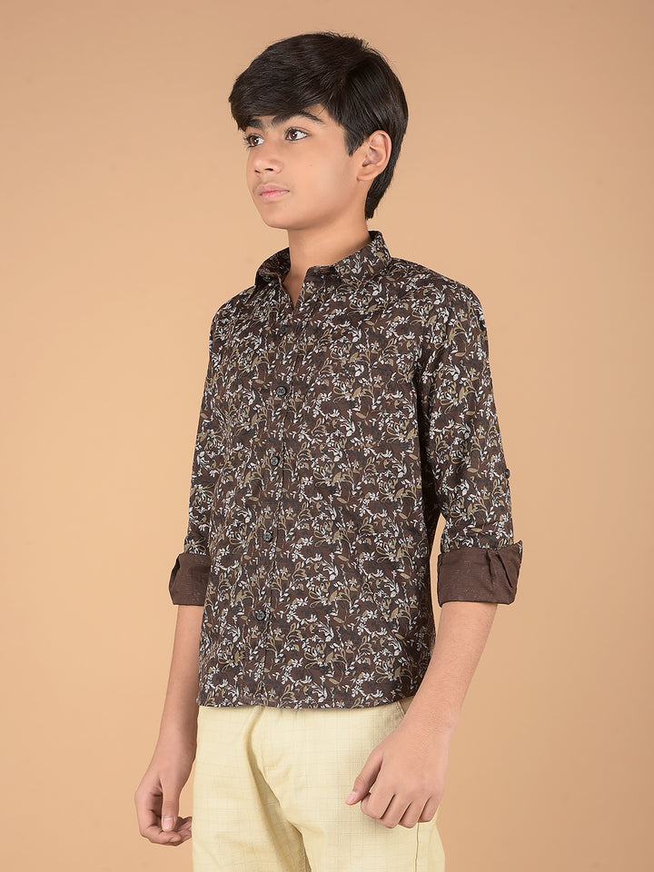 Brown Floral Print 100% Cotton Shirt-Boys Shirts-Crimsoune Club