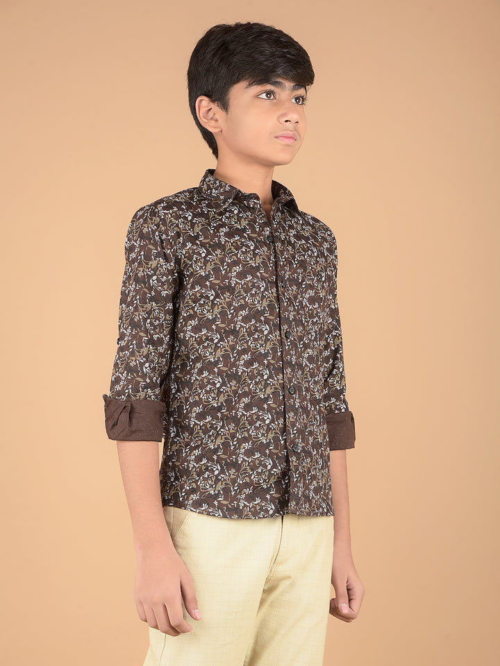 Brown Floral Print 100% Cotton Shirt-Boys Shirts-Crimsoune Club