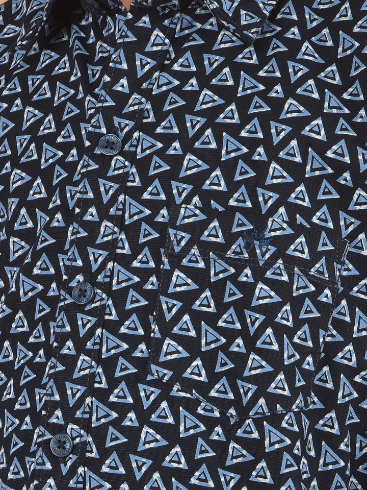 Navy Blue Printed 100% Cotton Shirt-Boy Shirts-Crimsoune Club