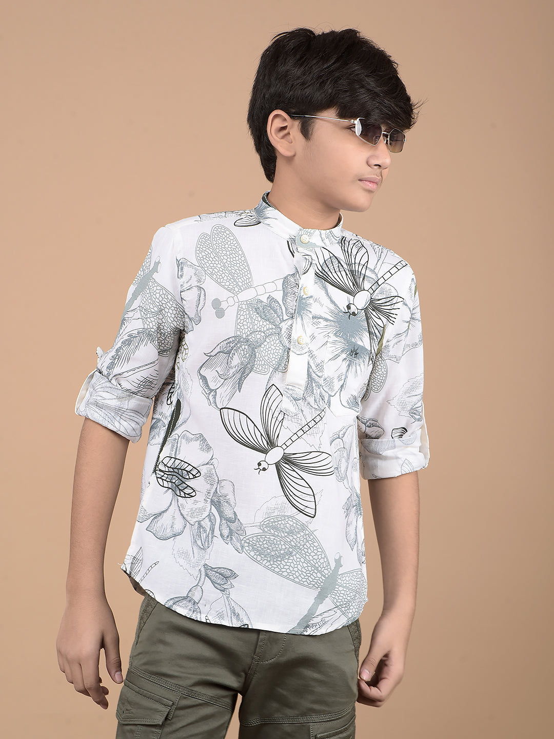 White Floral Print Linen Kurta-Boys Kurtas-Crimsoune Club