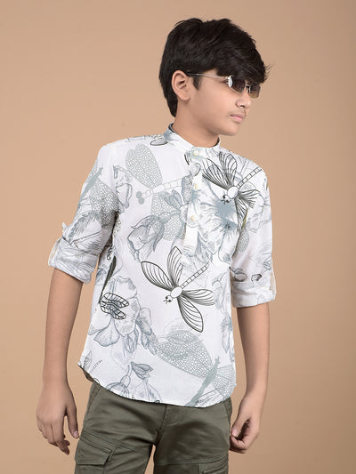 White Floral Print Linen Kurta-Boys Kurtas-Crimsoune Club