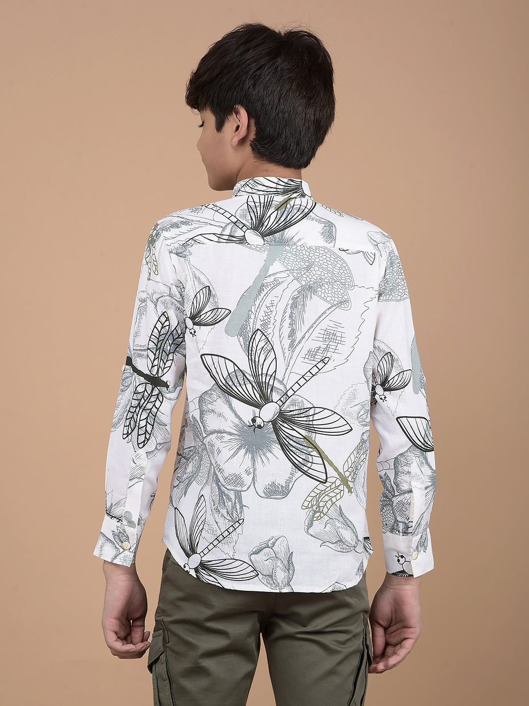 White Floral Print Linen Kurta-Boys Kurtas-Crimsoune Club