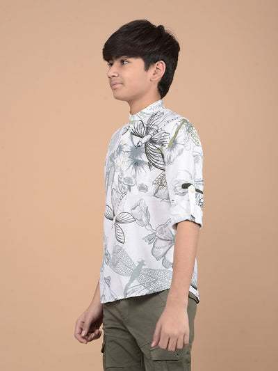 White Floral Print Linen Kurta-Boys Kurtas-Crimsoune Club
