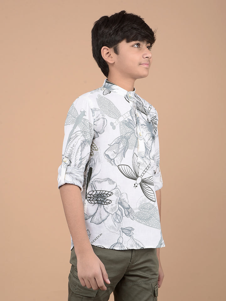White Floral Print Linen Kurta-Boys Kurtas-Crimsoune Club