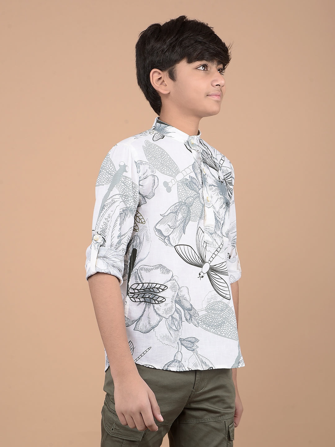 White Floral Print Linen Kurta-Boys Kurtas-Crimsoune Club