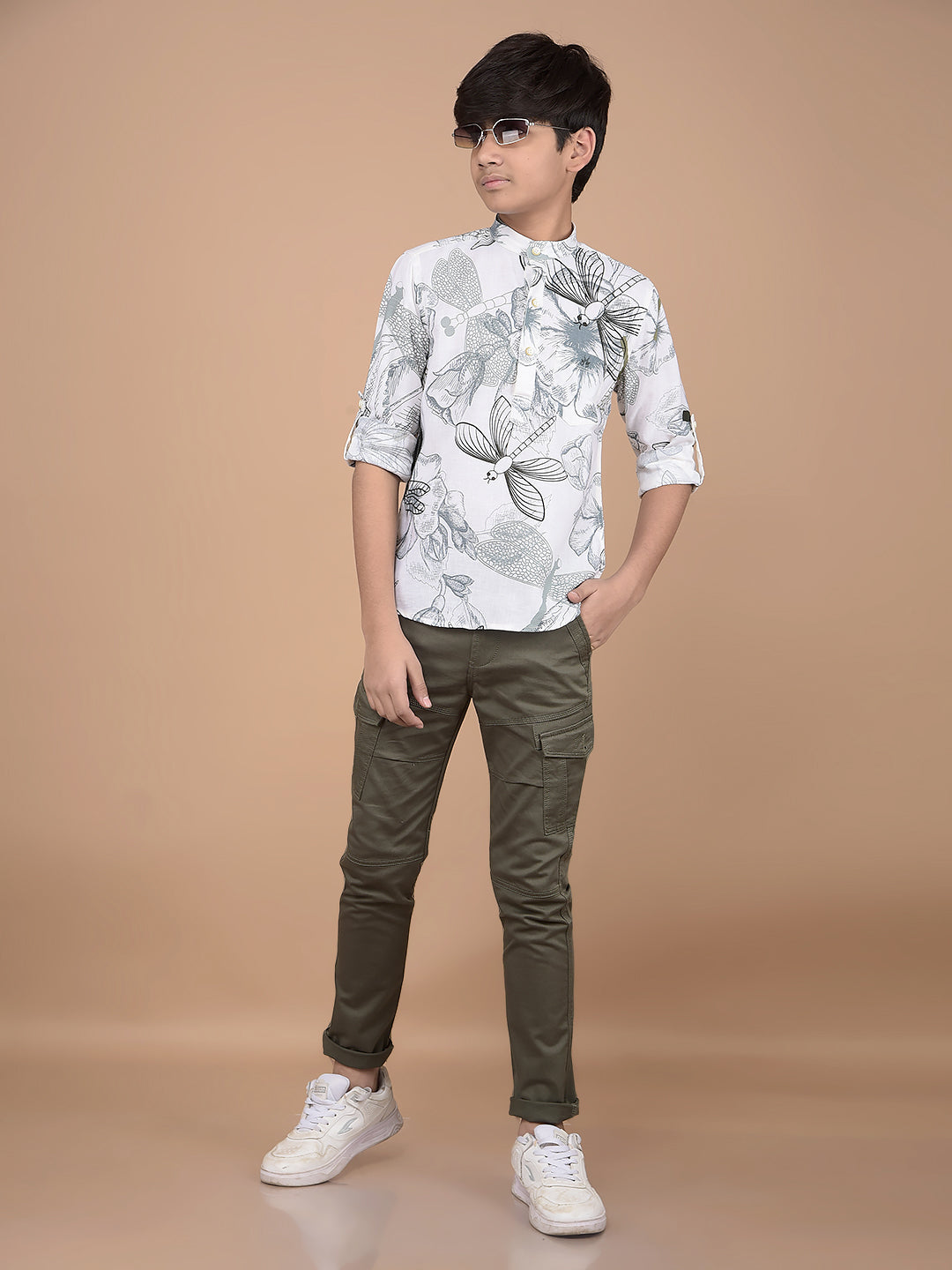 White Floral Print Linen Kurta-Boys Kurtas-Crimsoune Club