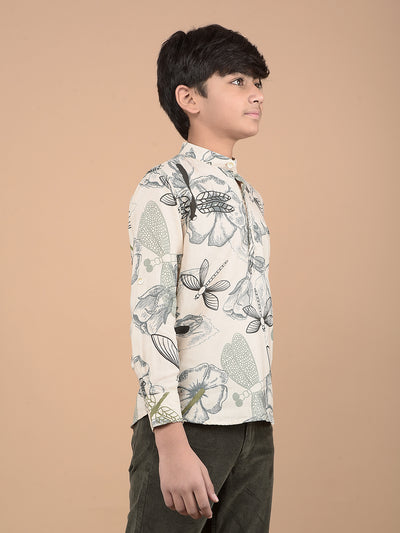 Beige Floral Print Linen Kurta-Boys Kurtas-Crimsoune Club