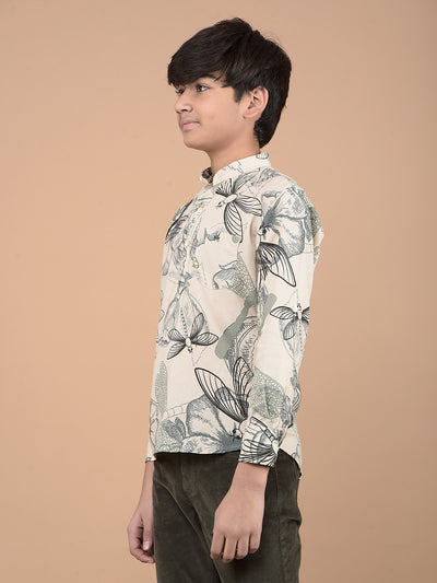 Beige Floral Print Linen Kurta-Boys Kurtas-Crimsoune Club