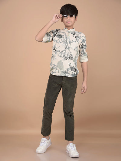 Beige Floral Print Linen Kurta-Boys Kurtas-Crimsoune Club