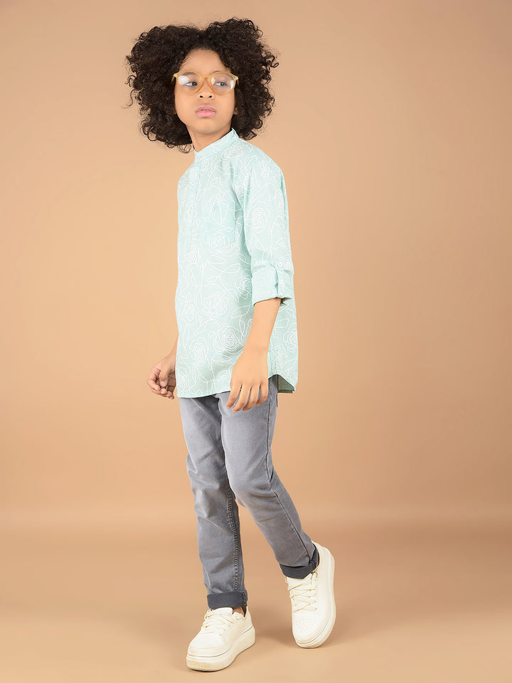 Green Floral Print Kurta-Boys Kurtas-Crimsoune Club