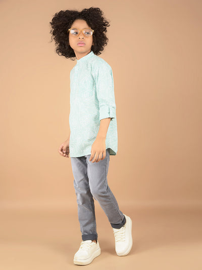 Green Floral Print Kurta-Boys Kurtas-Crimsoune Club