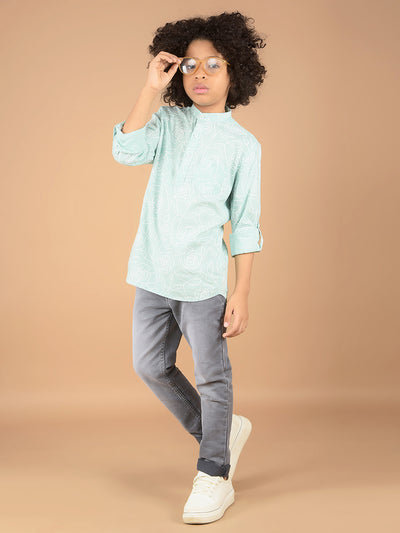 Green Floral Print Kurta-Boys Kurtas-Crimsoune Club