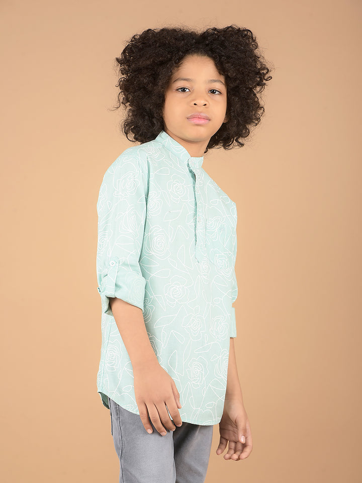 Green Floral Print Kurta-Boys Kurtas-Crimsoune Club