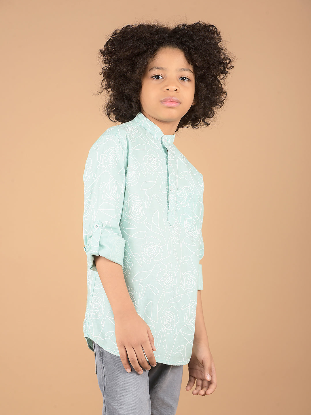 Green Floral Print Kurta-Boys Kurtas-Crimsoune Club