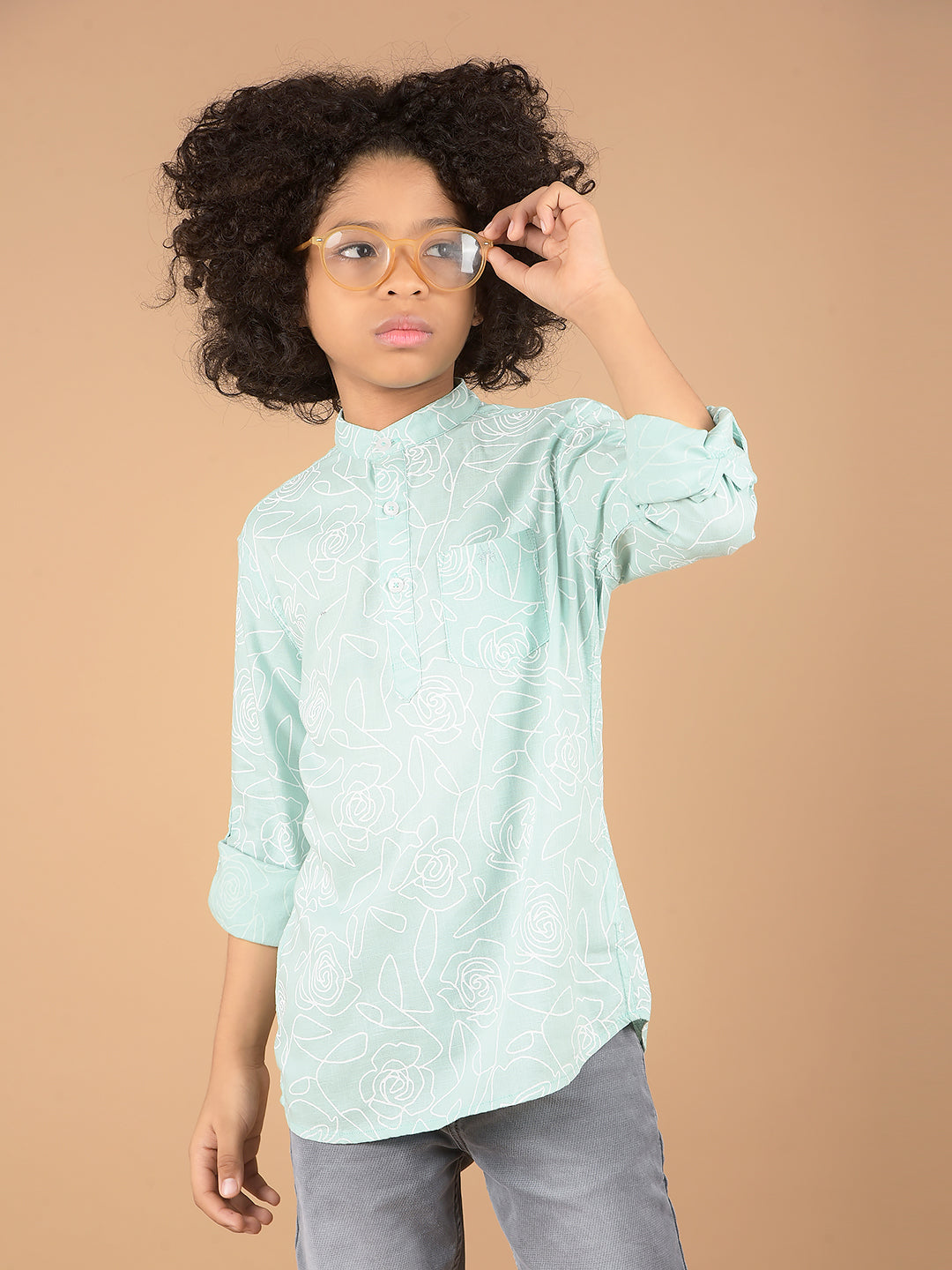 Green Floral Print Kurta-Boys Kurtas-Crimsoune Club