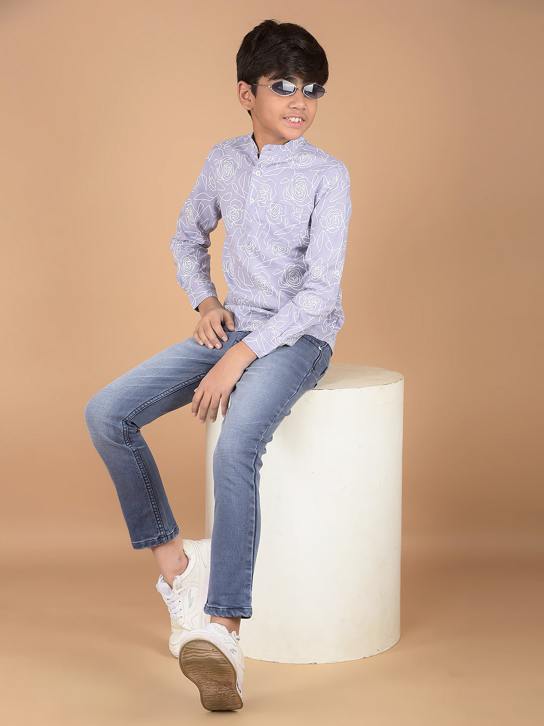 Purple Floral Print Kurta-Boys Kurtas-Crimsoune Club