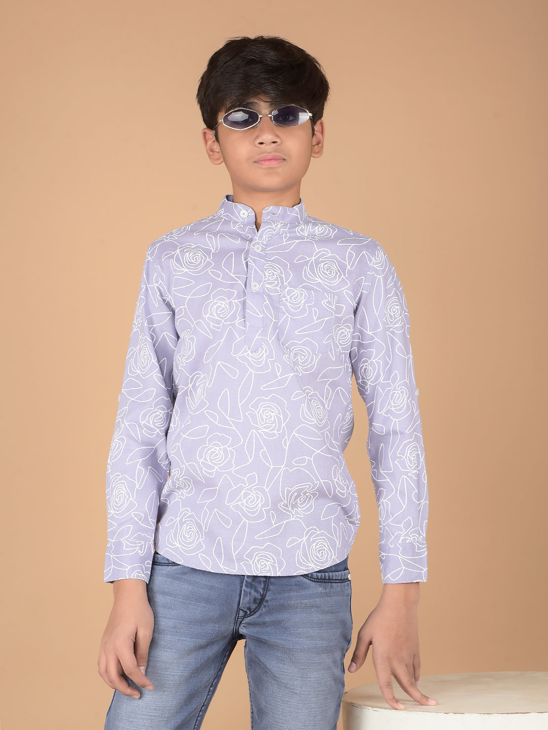 Purple Floral Print Kurta-Boys Kurtas-Crimsoune Club