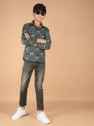 Olive Floral Print 100% Cotton Shirt-Boys Shirts-Crimsoune Club