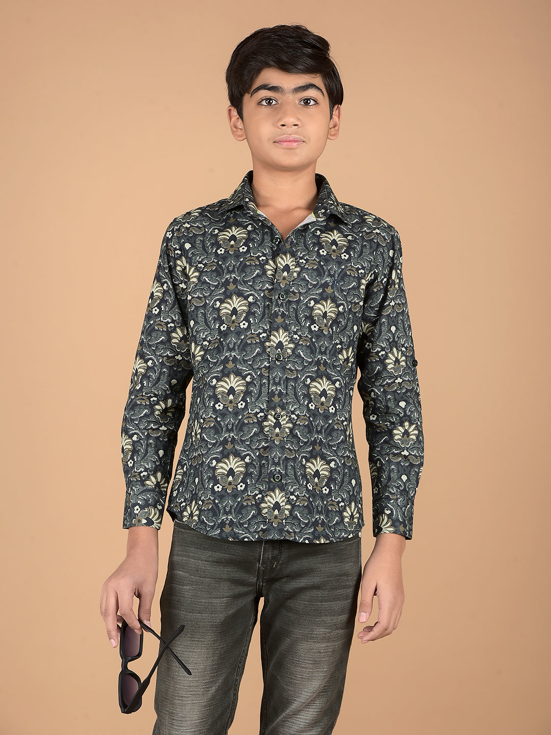 Olive Floral Print 100% Cotton Shirt-Boys Shirts-Crimsoune Club