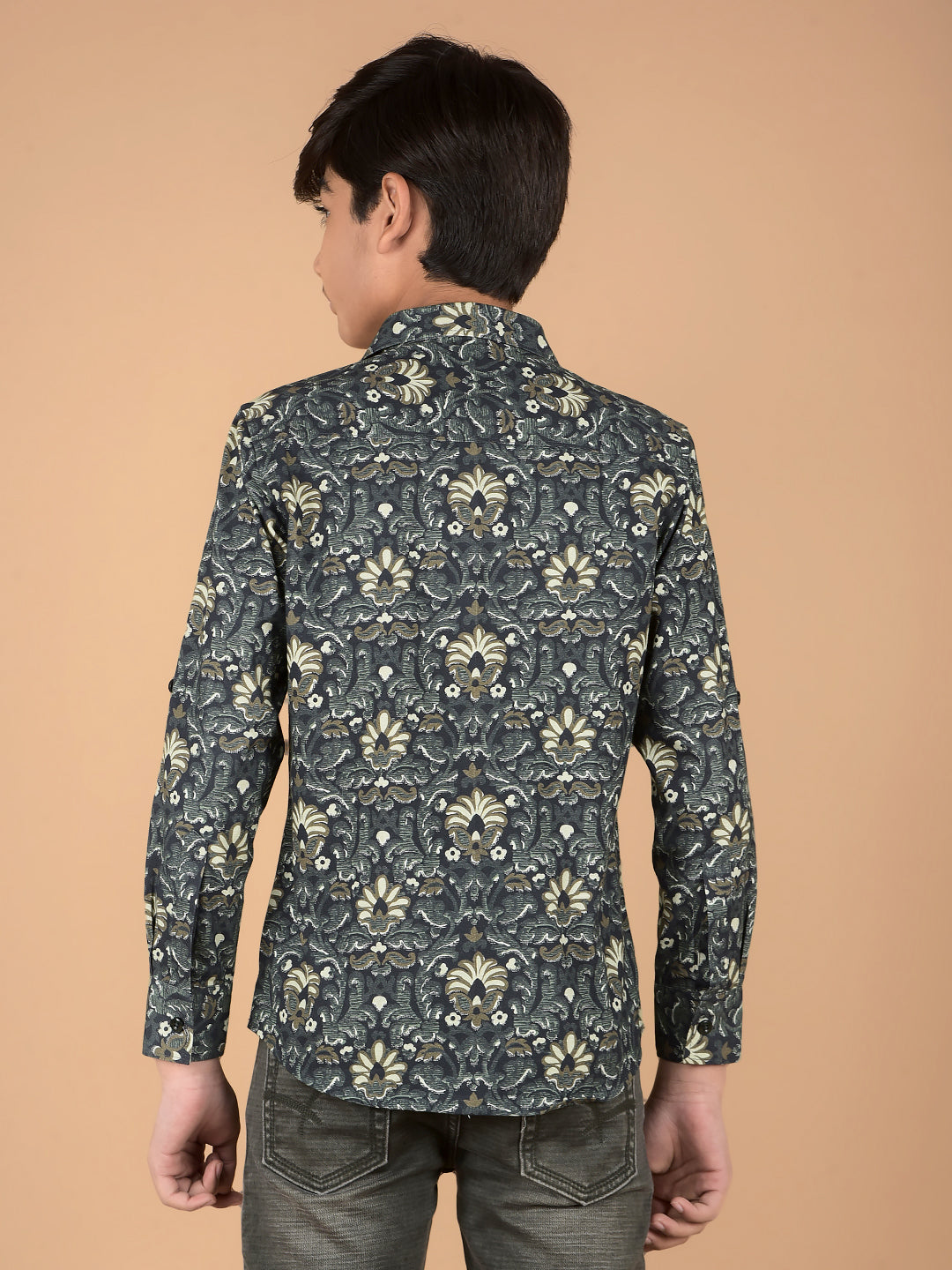Olive Floral Print 100% Cotton Shirt-Boys Shirts-Crimsoune Club