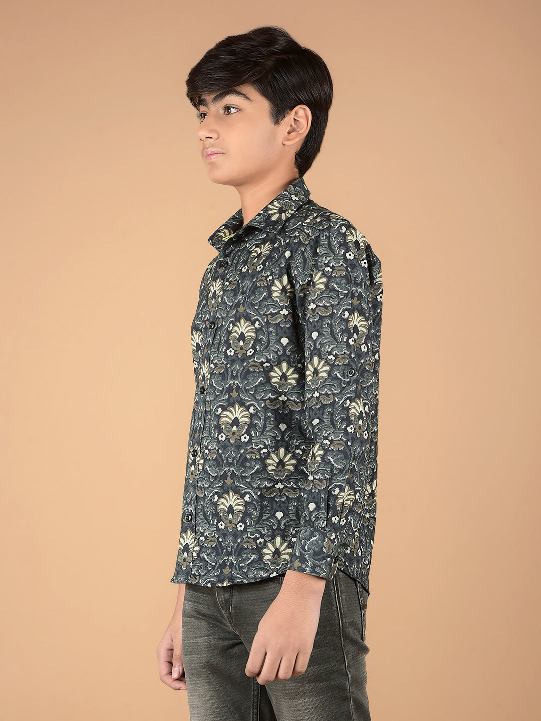 Olive Floral Print 100% Cotton Shirt-Boys Shirts-Crimsoune Club