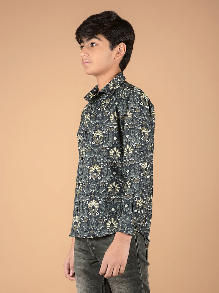 Olive Floral Print 100% Cotton Shirt-Boys Shirts-Crimsoune Club