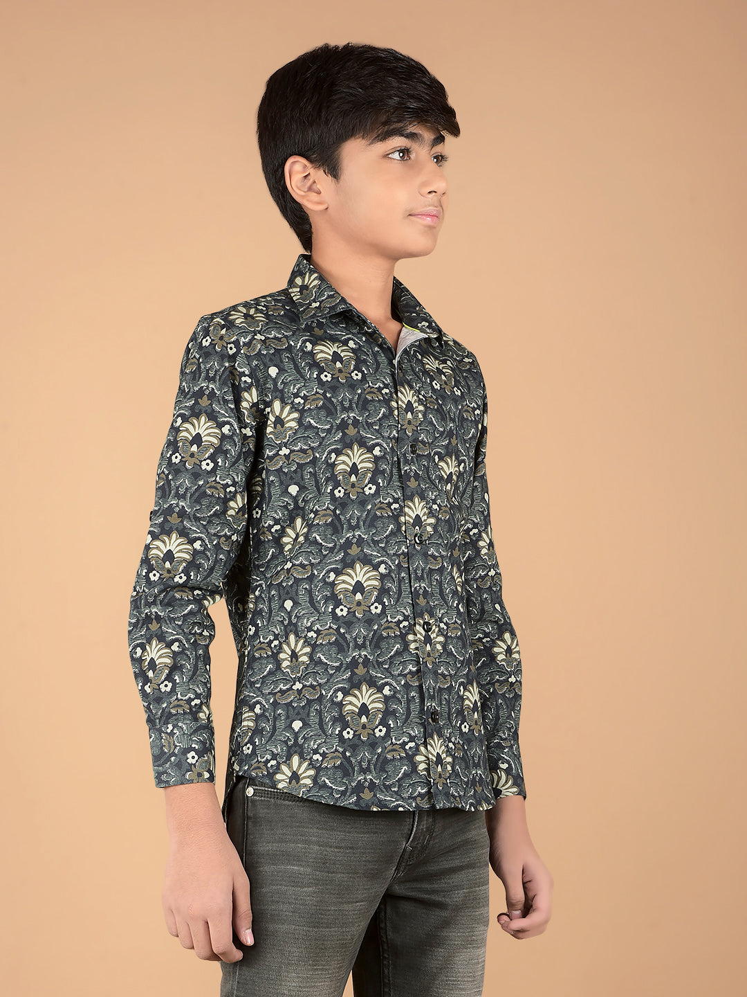 Olive Floral Print 100% Cotton Shirt-Boys Shirts-Crimsoune Club