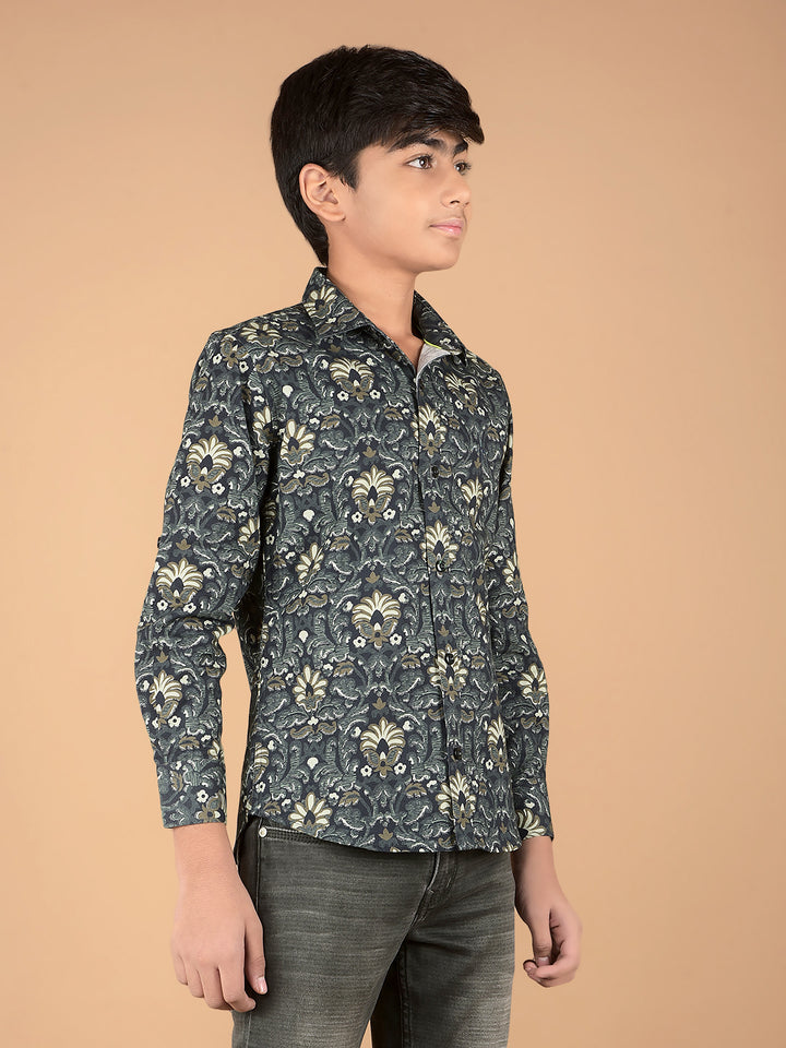 Olive Floral Print 100% Cotton Shirt-Boys Shirts-Crimsoune Club