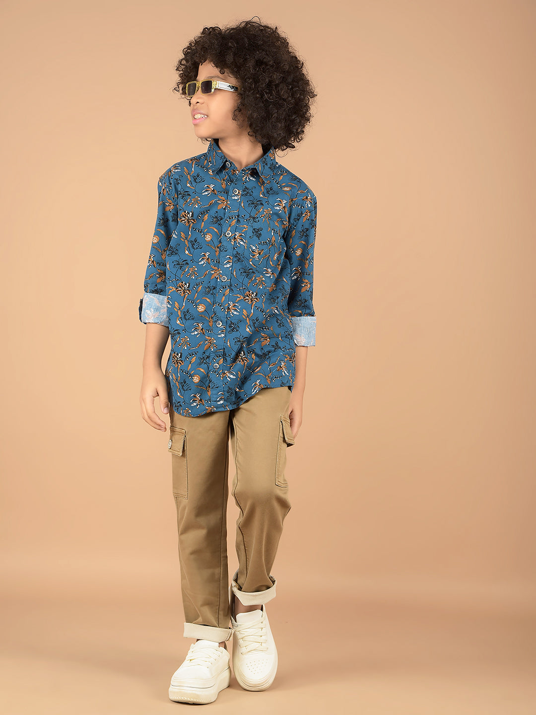 Blue Floral Print 100% Cotton Shirt-Boys Shirts-Crimsoune Club