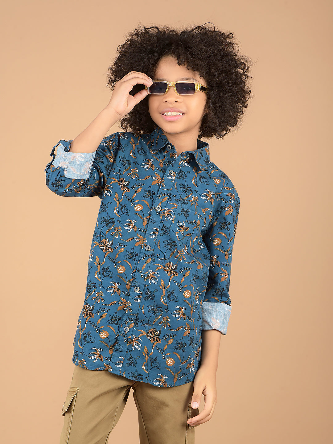 Blue Floral Print 100% Cotton Shirt-Boys Shirts-Crimsoune Club
