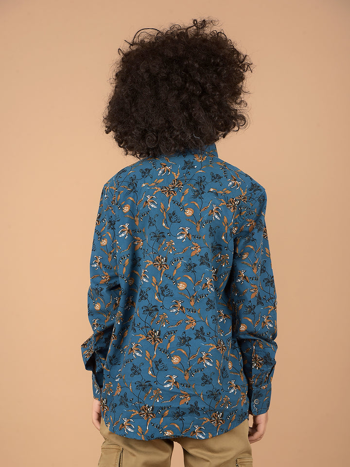 Blue Floral Print 100% Cotton Shirt-Boys Shirts-Crimsoune Club