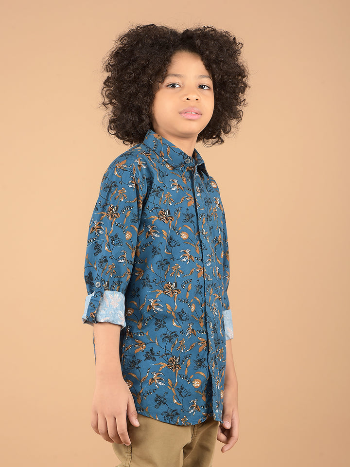 Blue Floral Print 100% Cotton Shirt-Boys Shirts-Crimsoune Club