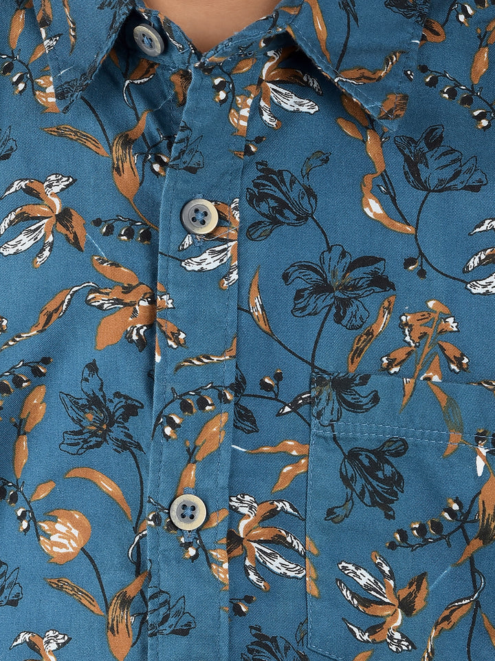 Blue Floral Print 100% Cotton Shirt-Boys Shirts-Crimsoune Club