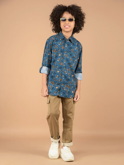 Blue Floral Print 100% Cotton Shirt-Boys Shirts-Crimsoune Club