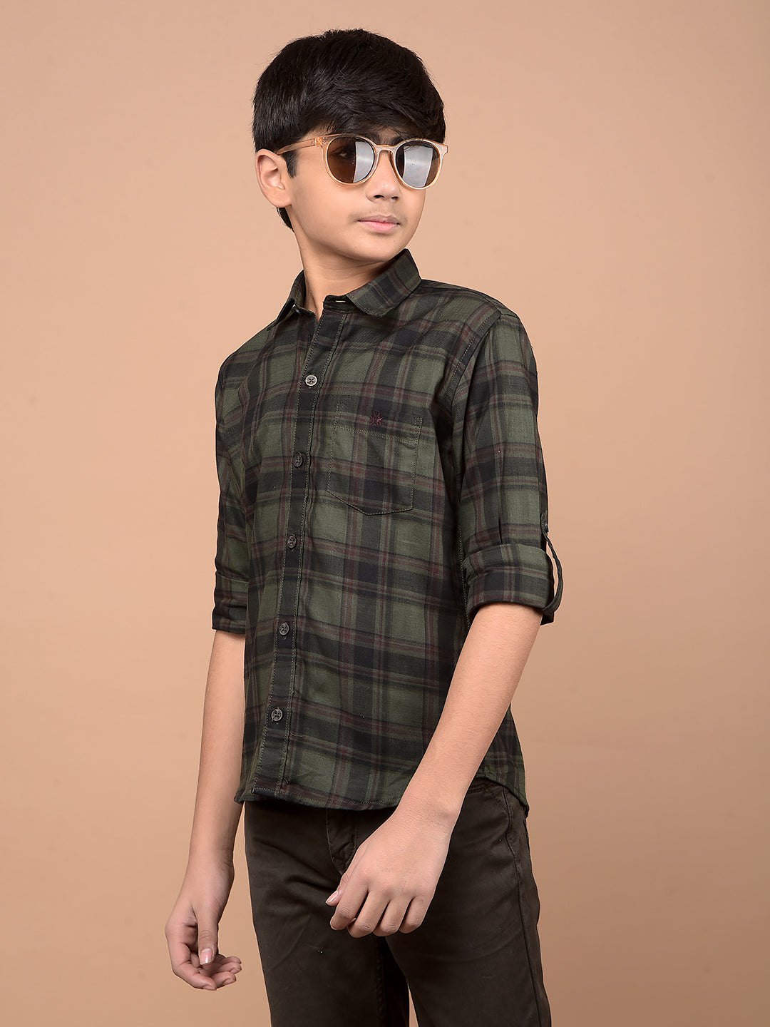 Olive Checked 100% Cotton Shirt-Boys Shirts-Crimsoune Club