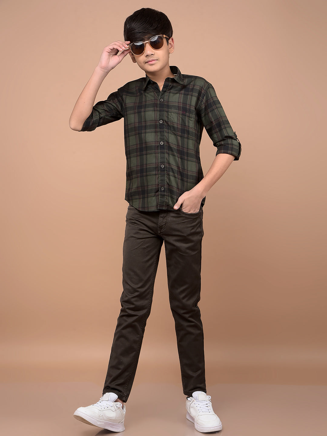 Olive Checked 100% Cotton Shirt-Boys Shirts-Crimsoune Club