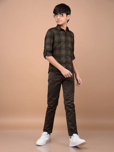 Olive Checked 100% Cotton Shirt-Boys Shirts-Crimsoune Club