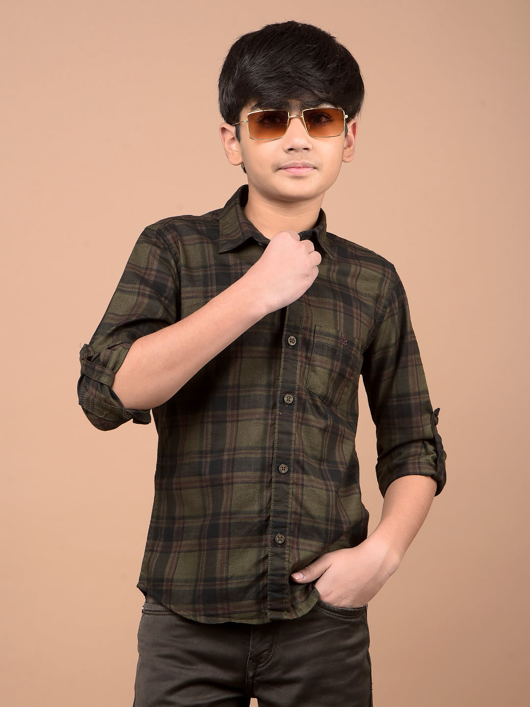 Olive Checked 100% Cotton Shirt-Boys Shirts-Crimsoune Club